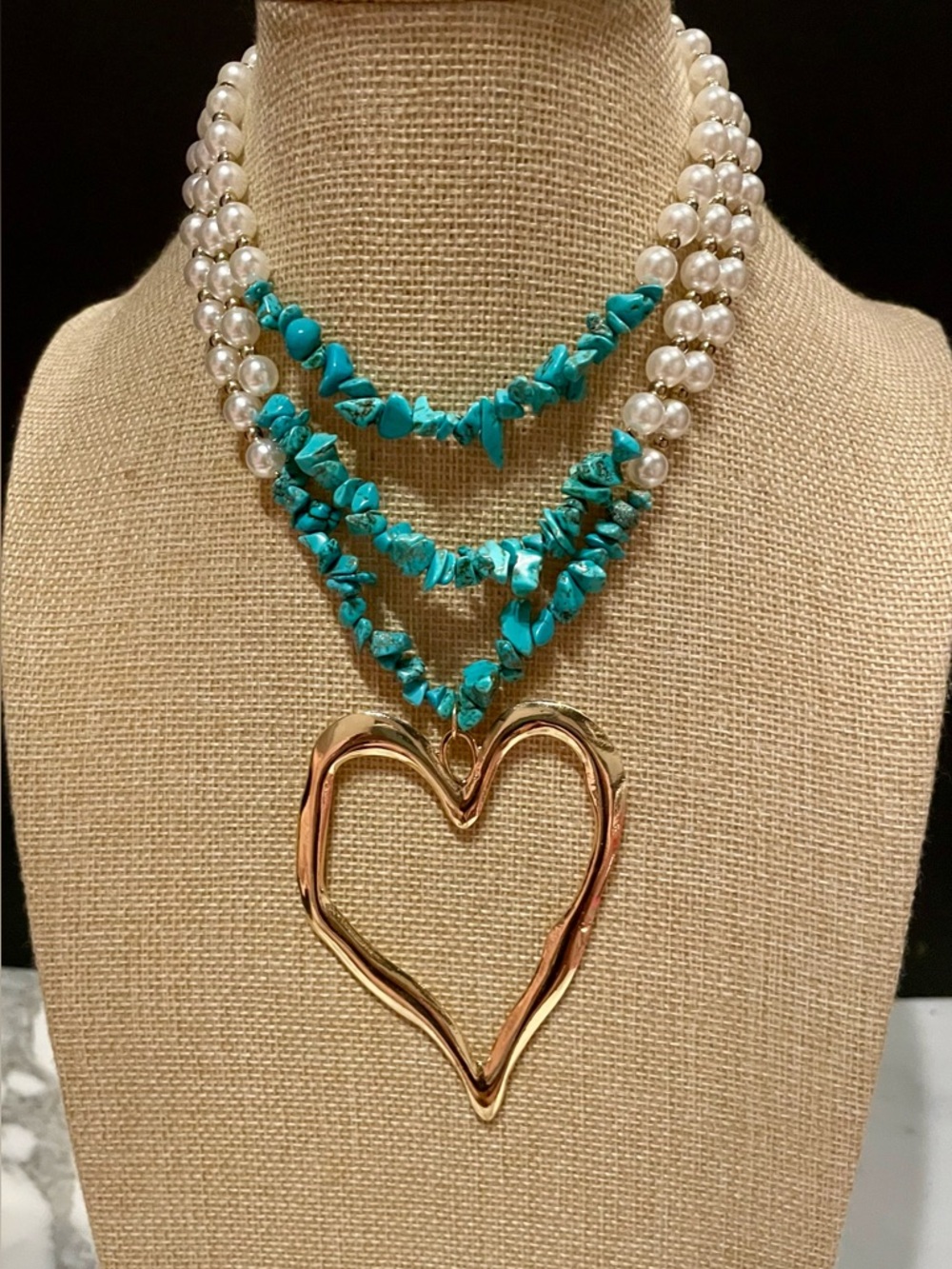 Turquoise Bead & Pearl Layered Necklace with Gold Heart Pendant